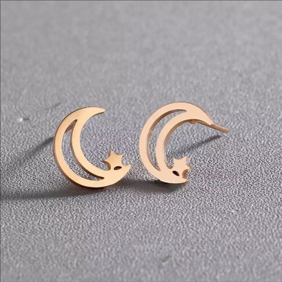Stainless Steel Moon + Star Stud Earrings - Picture 1 of 2